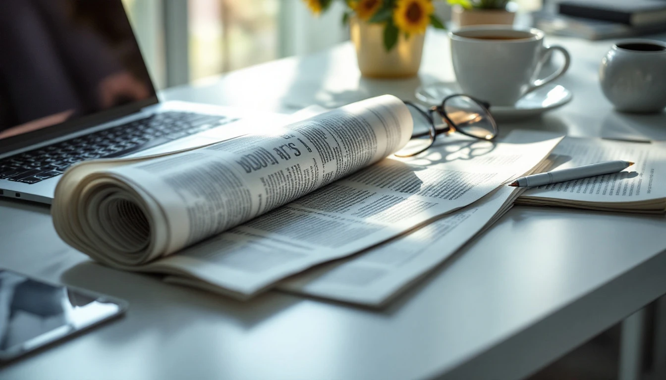 A clean editorial workspace with a newspaper and coffee.